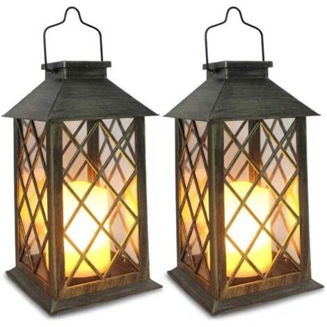 Lanterne Solaire Exterieur 2 Pièces Lampe Solaire avec Bougie Vacillante, Lampe de Table Solaire Étanche Suspension Solaire Exterieur a Poser pour Balcon Jardin Terrasse Deco - Bronze