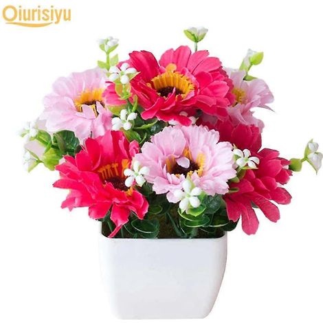 Chrysanthème artificiel, gypsophile, pot en bois, bonsaïrose rouge (1/5)