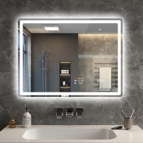 80x60cm Miroir LED Salle de Bain avec Horloge, Date et Météo (1/5)