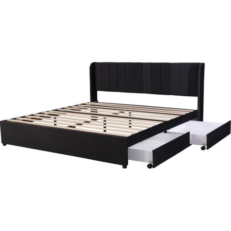 Letto capitonné 180 x 200 cm in velluto nero con rete, testiera e 2 cassetti (1/5)