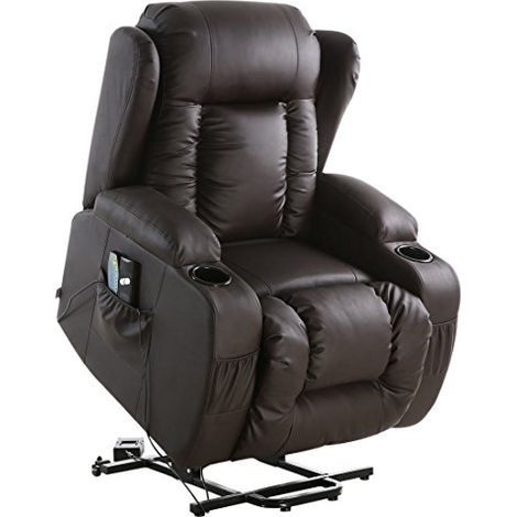 CAESAR ELECTRIC RISE RECLINER WINGED LEATHER ARMCHAIR MASSAGE HEATED CHAIR (Brown)