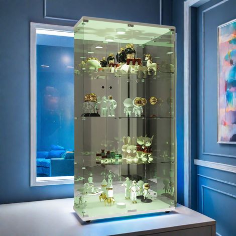 Vitrine en Verre avec LED, Vitrine trempé Moderne en Verre 4 Couches avec 2 Porte, Armoire Vitrine pour Salon, Chambre à Coucher, Blanc (1/5)