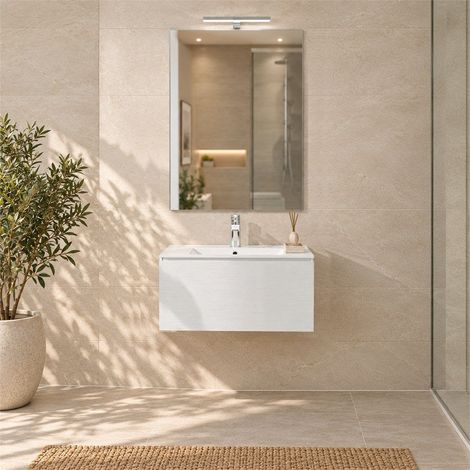 Hängendes Badmöbel Weiß 60 Cm Mit Schublade, Keramikwaschbecken, Spiegel Und Led-Lampe Berlin (1/5)