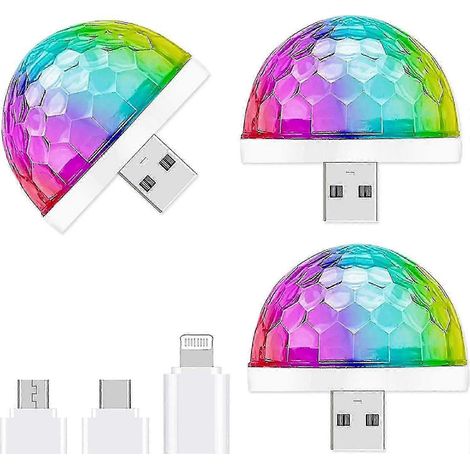 Mini guirlande lumineuse disco USB, lot de 3, boules lumineuses de fête activées par le son, lumières disco DJ pour Halloween - éclairage d'ambiance LED multicolore pour voiture, stroboscope magique (1/3)