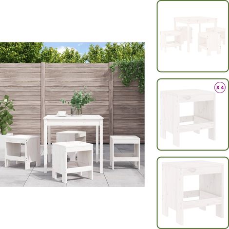 The Living Store Ensemble à manger de jardin 5pcs blanc bois massif de pin - Tabouret de jardin (1/5)