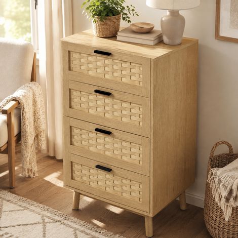 Commode enfant 4 tiroirs en bois et cannage rotin – 55x40x95 cm –Style campagnard – Fixation murale incluse – Aspect bois clair (1/5)