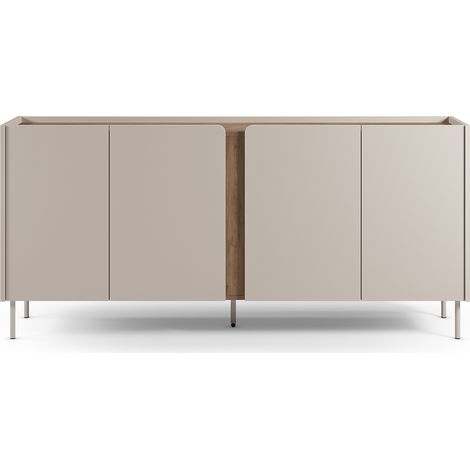 Buffet, commode de rangement avec 4 portes aspect bois coloris crème, chêne et pieds en métal -Longueur 180 x Profondeur 40,50 x Hauteur 82,50 cm (1/5)