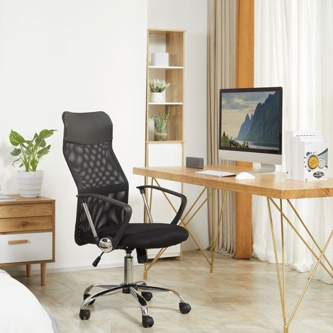 Chaise de bureau ergonomique avec accoudoirs, dossier haut, pivotante et réglable en hauteur avec fonction bascule, revêtement en maille, chaise d'ordinateur, noire