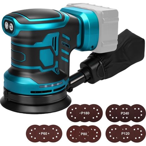 Ponceuse Excentrique pour Makita 18V Battery (San Batteries),125 mm Ponceuse Orbitale aléatoire sans fil, 3 vitesses 7000-11000pm avec récipient de capture de poussière et 15 papier de verre
