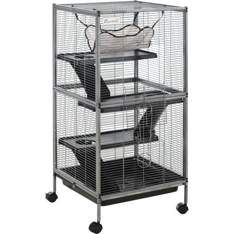 Cage pour Petits Rongeurs en Acier, Habitat pour Cochons d'Inde et Chinchillas à 3 Niveaux, 4 Roulettes, Hamac et Bac Amovible, 52 x 52 x 113.5cm, Gris Argenté (1/4)