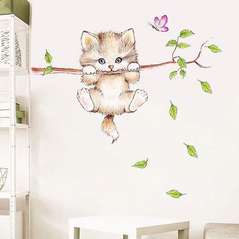 Adorable Chat et Branche d'Arbre Autocollants Muraux pour Chambre de Bébé - 30x60cm (1/5)