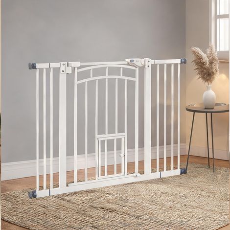 Barrière de sécurité escalier blanc acier 74-100cm avec trappe (1/5)
