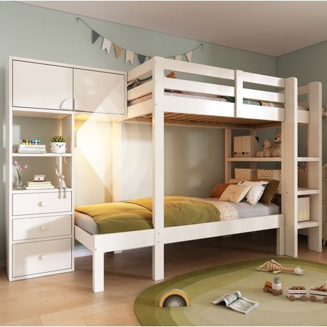 Etagenbett 90x200 mit Stauraum Schubladen Regalen Weiß OKMYHOME (1/5)