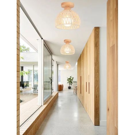 Lot de 3 Plafonnier Vintage en Cage,Suspension Luminaire Industriel Lampe de Plafond en Bois Rotin Blanc Style (1/5)