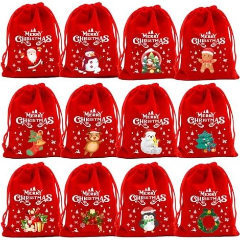 Lot de 12 petits sacs cadeaux de Noël en tissu rouge à cordon, motifs assortis, idéals pour fêtes, mariages et petits cadeaux. (1/5)
