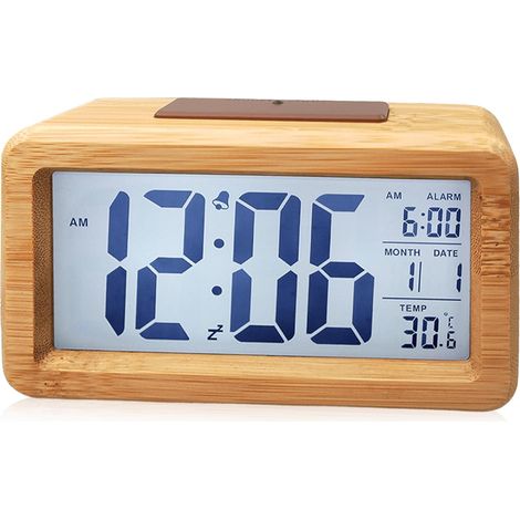 Digitaler Wecker aus Holz mit großem LCD-Display, kleine Tischuhr mit Datums- und Temperaturanzeige, Nachtlicht und Schlummerfunktion für Schlafzimmer und Büro, aus Massivholz (1/5)