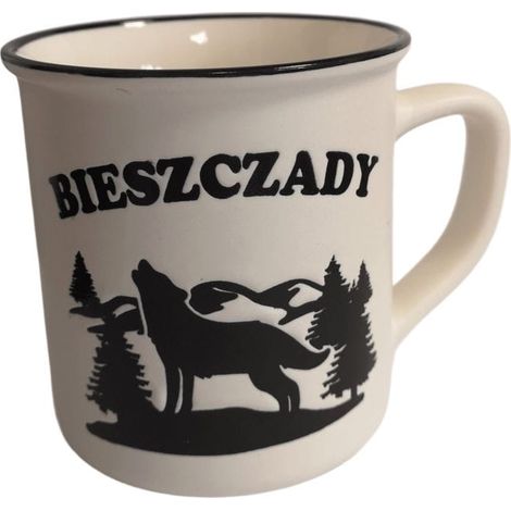Montañas Bieszczady. Taza de cerámica de 400 ml. Blanca.