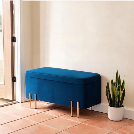 Coffre banquette bleu avec rangement en bois et métal (1/5)