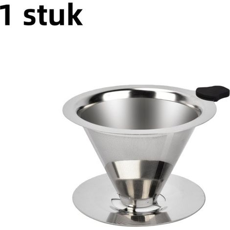 pièce - Filtre à café - Acier inoxydable à double paroi - Réutilisable - Convient pour 1-2 tasses de café - Klein - Met voet, 600 mesh - Argent (1/5)
