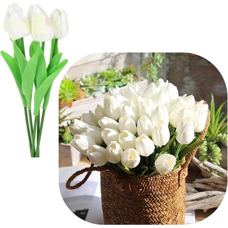 Tulipanes artificiales de silicona de 34 cm, plantas decorativas para jarrón, 5 unidades, color blanco (1/5)