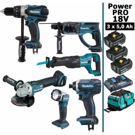 Pack Makita Power PRO 6 outils 18V: DDF458 + DHR202 + DGA504 + DTD152 + DJR186 + Lampe + 3 batt 5Ah + sac (1/5)
