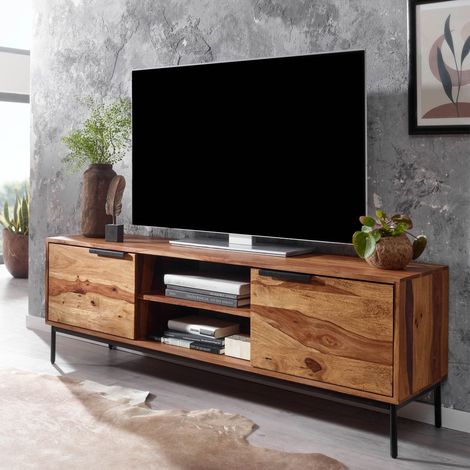 Meuble TV 2 portes 147x51x38 cm en sheesham et pieds en métal (1/5)