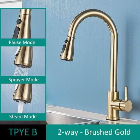 Cross-border 304 Stainless Steel Pull-out Kitchen Faucet, Brushed Gold, Hot and Cold Water Faucet, Lead-free Sink and Dishwasher Faucet - Brushed Gold [One-button Stop and Pull-out Head]