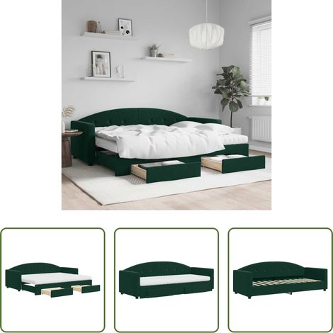vidaXL Lit gigogne - Lit de jour avec gigogne et tiroirs vert foncé 80x200cm velours (1/5)
