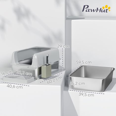 Bac à litière pour chat, en acier inoxydable, à parois hautes, avec coffre de rangement, gris clair (1/5)