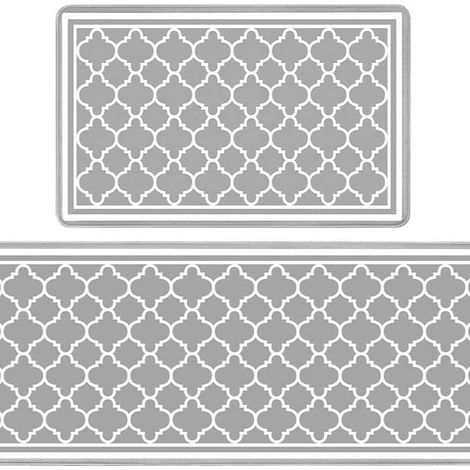 Kitchen floor mat, thickened PVC foam, digitally printed, waterproof, oil-proof, non-slip, 12mm leather mat - gray and white double frame - 44701cm