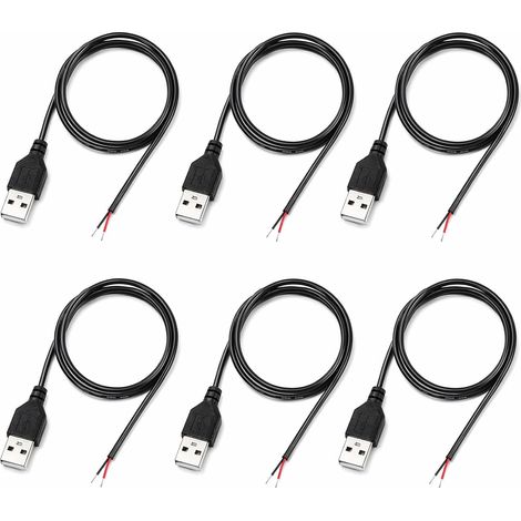 6 PCS Queue De Cochon USB 22awg, Cable Usb Male Vers Fils Nus 2 Broches, Usb Cable 1 m 22AWG, Câble Usb Usb Alimentation 5 V pour Jouets, Réparations, Projets Électroniques et DIY (1/5)