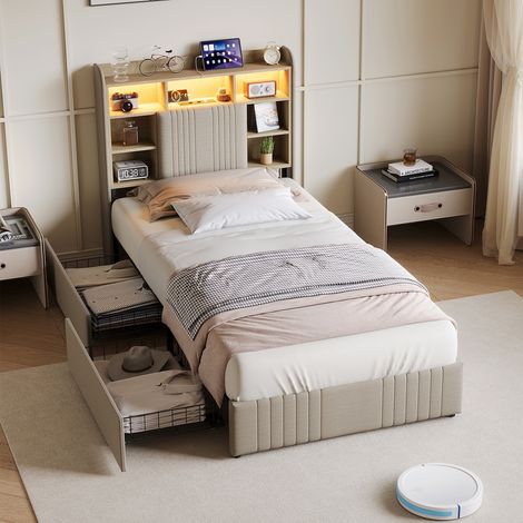 Letto singolo 90x200 cm con contenitore, 2 cassetti, testiera con USB e LED, rete a doghe, per camera moderna - beige