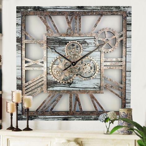 THE GEARS CLOCK Wanduhr mit echten beweglichen Zahnraedern - America Collection - 24" Quadratisch - Grey - White (1/5)