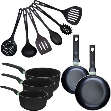 Set de 2 poêles 16 et 20 cm, 3 casseroles antiadhésives céramique 16, 18 et 20 cm et 6 ustensiles Fackelmann Brandao (1/5)