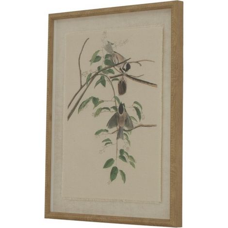 Flora & Fauna Collection Chickadees on Linen in Beaded Frame - Glass - L2 x W40 x H50 cm - Brown