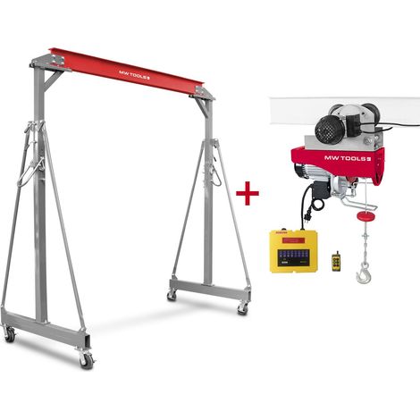Mw Tools – Grue d'atelier mobile 2 t – Palan électrique sans fil 500/1000kg – Hauteur réglable 2400 à 3600 mm – PTLK2SET1000B