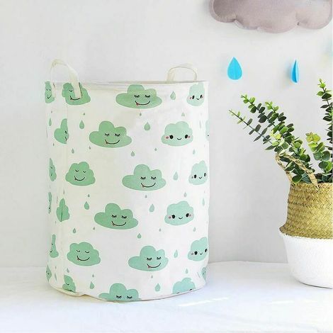 Panier de Rangement pour Jouets pour Enfants Grand Panier à Linge Pliable en Coton avec Poignée - Vert Nuages Blanc (1/4)