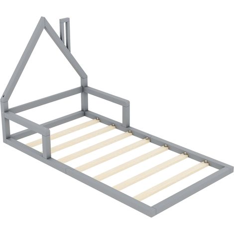 Cama infantil 90 x 200 cm de pino y MDF gris, forma casa (1/5)