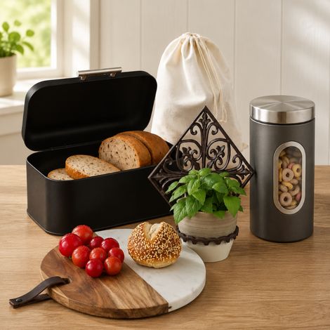 Ensemble de rangement de cuisine rétro (4 pièces) – Bocal transparent, planche à découper, boîte à pain et manique (1/5)