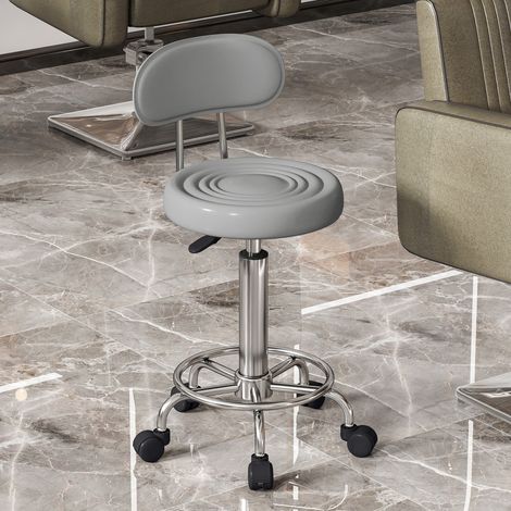 Tabouret à roulettes pivotant et réglable avec dossier, revêtement en similicuir, repose-pieds, pour coiffeuse, gris (1/5)