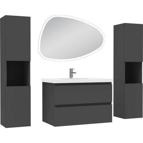 Ocean ensemble meubles Salle de Bain 80cm colonne + vasque + miroir 3 couleurs lumineux Anthracite