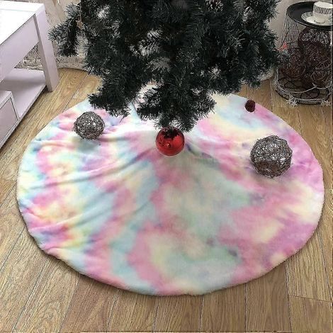 Tapis de sapin de Noël en peluche pour décoration de Noël, grand tapis moelleux au design simple. Blanc à motifs colorés, 90 cm. (1/4)