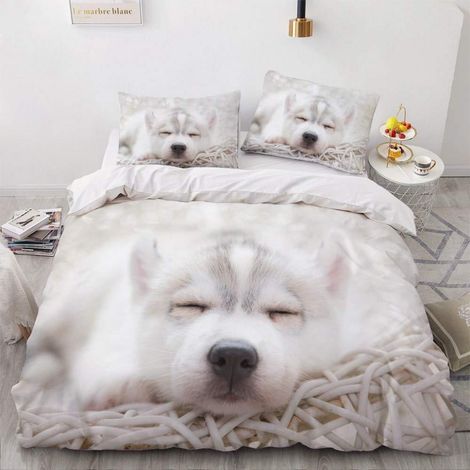 Bettwäsche 200x200 cm Hund Husky 3D Mikrofaser 3-teilig mit 2 Kissenbezügen 80x80 cm
