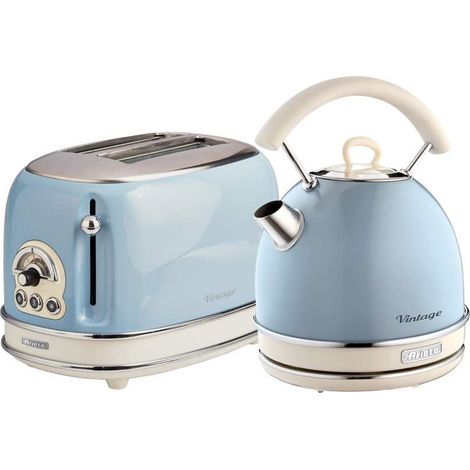 Ariete ARPK12 Retro Style Dome Kettle and 2 Slice Toaster Set, Vintage Design, Blue
