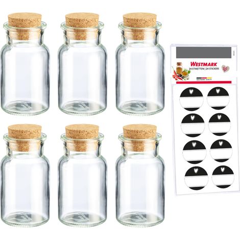 Westmark Set di Barattoli per Spezie con Tappi in Sughero, 6 pz. – Per spezie, erbe e tè – Incluse 8 etichette decorative – Trasparenti, 150 ml