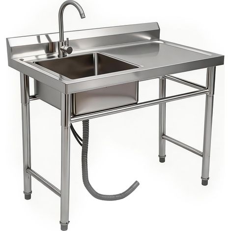 HAUTOUR Lavabo commercial en acier inoxydable pour restaurant, 100 x 60 x 93 cm, évier de cuisine avec robinet, lavabo autonome extérieur, pour hôtel, maison, bar, cave, garage, Emplacement de gauche (1/5)