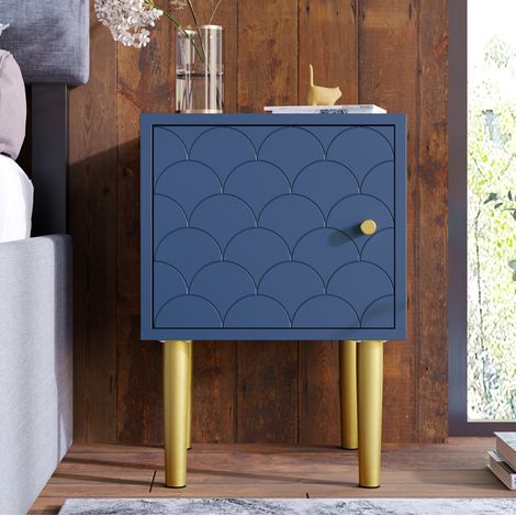 2er Set Nachttische 35x35x51 cm marineblau Holz mit Fischschuppenmuster und Metallbeinen (1/5)