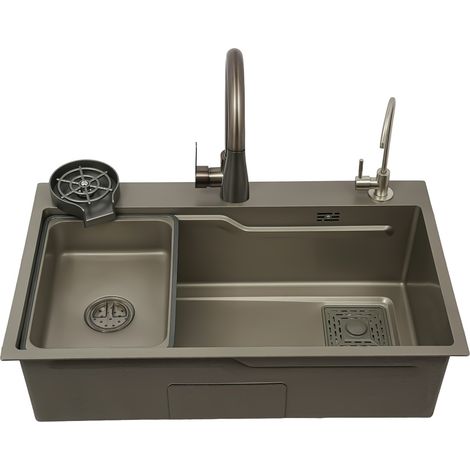 Évier de cuisine encastrable 75 x 45 x 22 cm - Évier à poser sur plan de travail en acier inoxydable 304, évier de cuisine à cuve unique avec robinet extractible, gris (1/5)