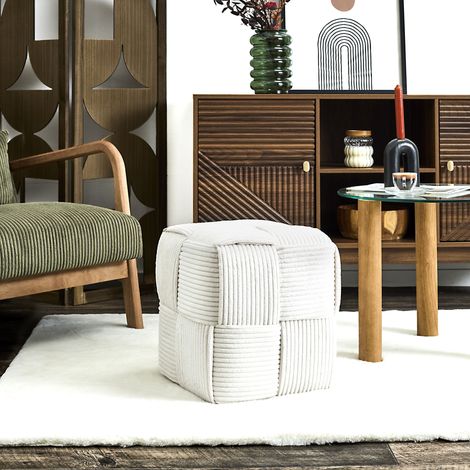 Pouf - HOME DECO FACTORY - Scott - Côtelé - Tresse - Beige