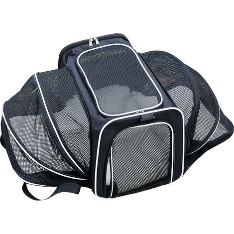 Transporteur de voyage pliable et extensible pour animaux de compagnie, maille respirante, grand espace, chat pour l'extérieur, bord noir et blanc (1/5)